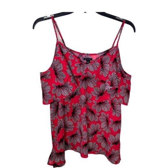 Ann Taylor Cold Shoulder Floral Blouse Small Red Black Pink Ruffle Trim - Picture 1 of 12